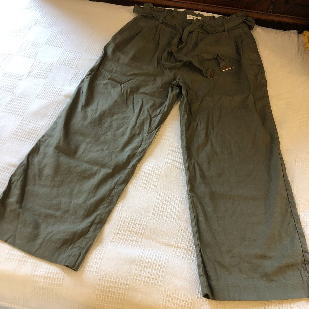 Calvin Klein SMALL Wide Leg Pull on Elastic Waist Belted Solid Khaki Pants B85